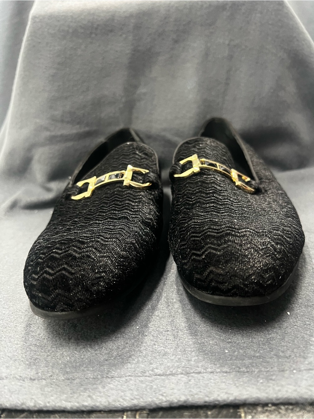 Aldo Black textured Velvet Loafers with Gold metal bow tie